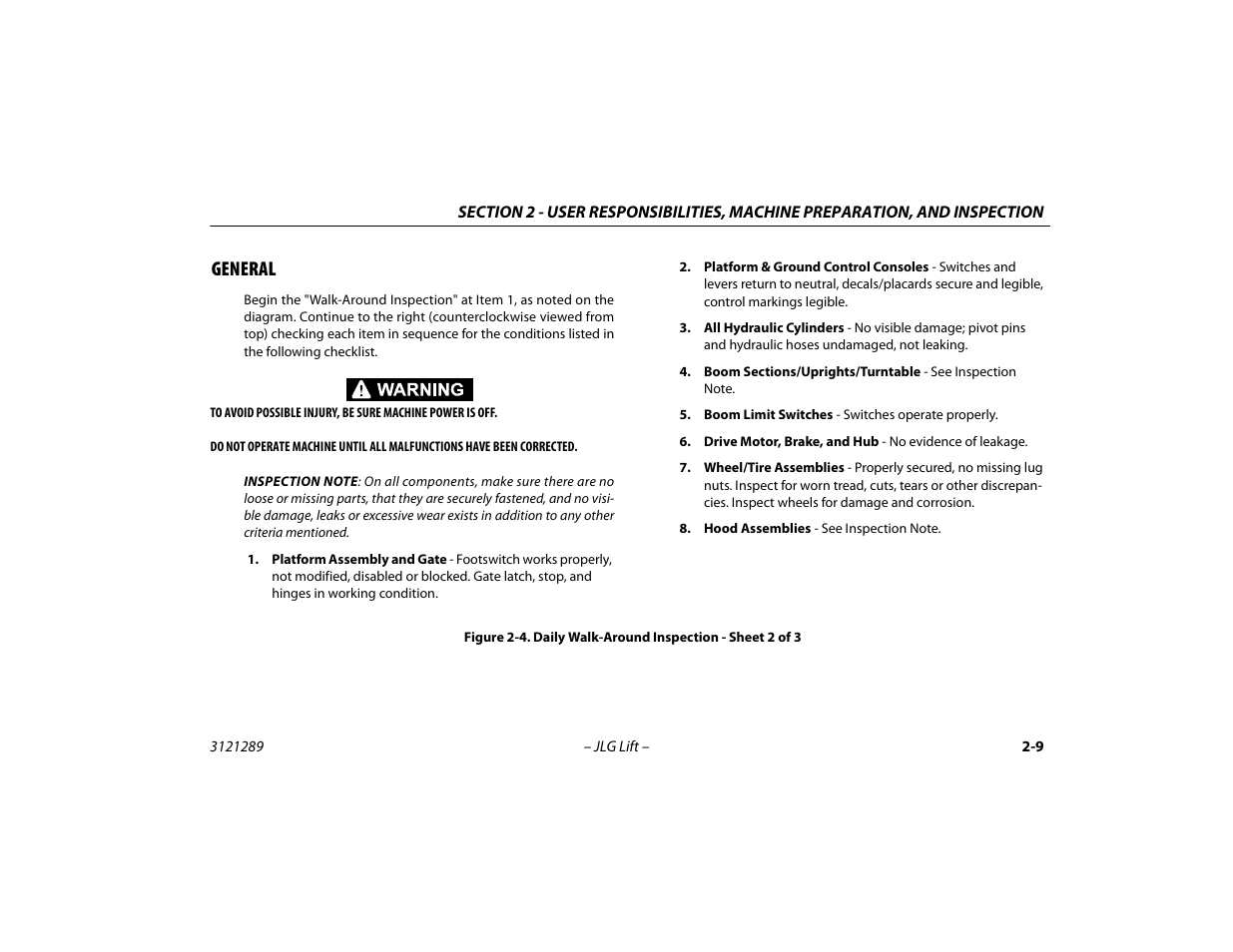 General -9, Daily walk-around inspection - sheet 2 of 3 -9, General | JLG 450A_AJ Series II Operator Manual User Manual | Page 33 / 126