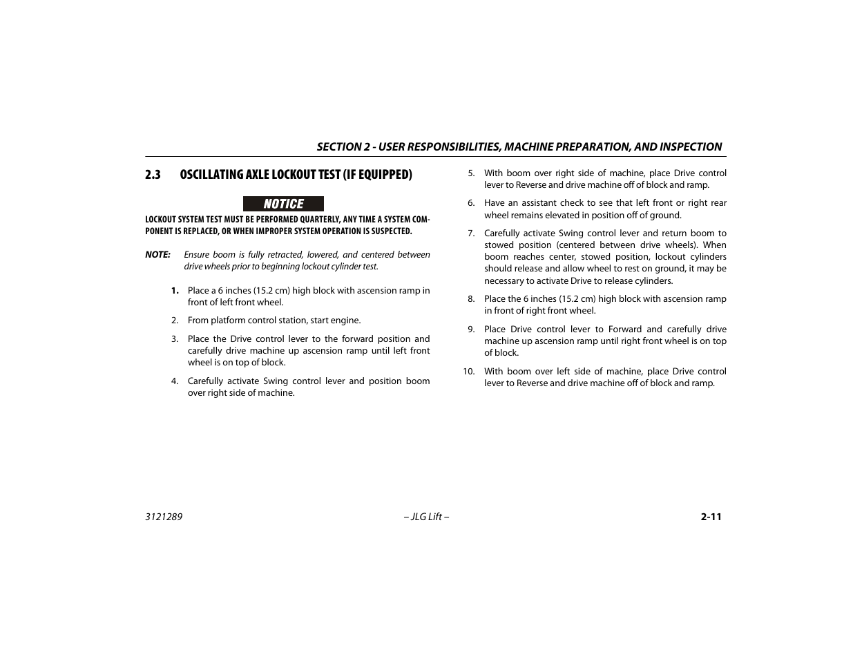 3 oscillating axle lockout test (if equipped), Oscillating axle lockout test (if equipped) -11 | JLG 450A_AJ Series II Operator Manual User Manual | Page 35 / 126