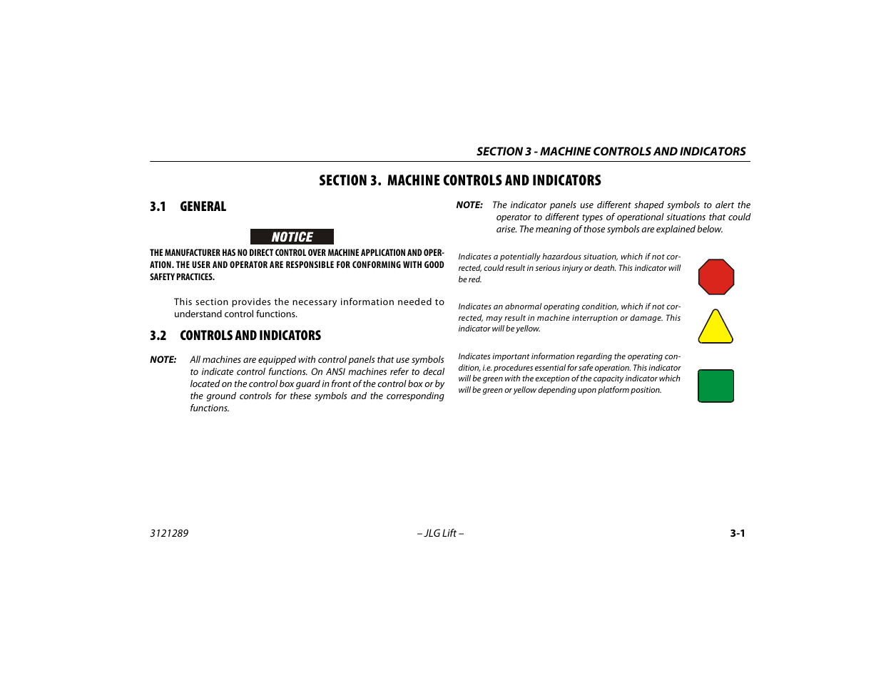 Section 3. machine controls and indicators, 1 general, 2 controls and indicators | Section - 3 - machine controls and indicators, General -1, Controls and indicators -1 | JLG 450A_AJ Series II Operator Manual User Manual | Page 37 / 126