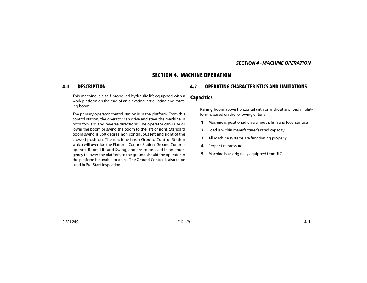 Section 4. machine operation, 1 description, 2 operating characteristics and limitations | Capacities, Section - 4 - machine operation, Description -1, Operating characteristics and limitations -1, Capacities -1 | JLG 450A_AJ Series II Operator Manual User Manual | Page 55 / 126