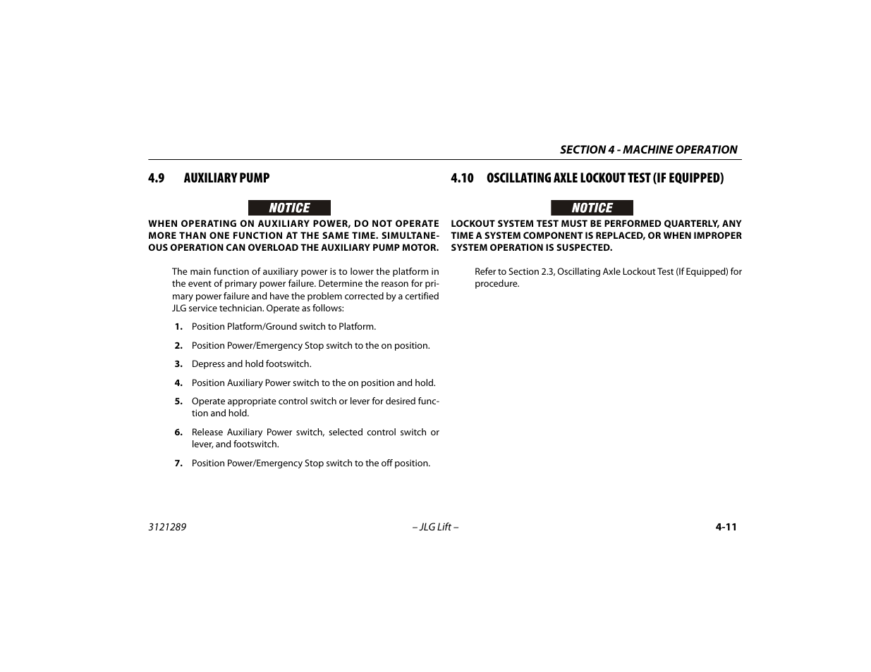 9 auxiliary pump, 10 oscillating axle lockout test (if equipped), Auxiliary pump -11 | 10 oscillating axle lockout test (if equipped) -11 | JLG 450A_AJ Series II Operator Manual User Manual | Page 65 / 126