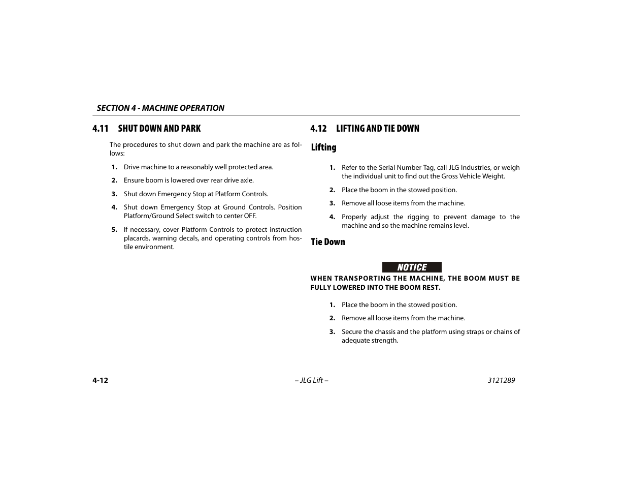 11 shut down and park, 12 lifting and tie down, Lifting | Tie down, Lifting -12 tie down -12, 12 lifting and tie down lifting | JLG 450A_AJ Series II Operator Manual User Manual | Page 66 / 126