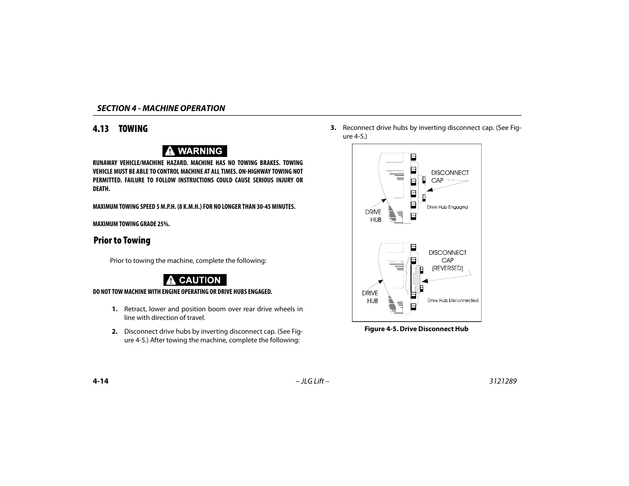 13 towing, Prior to towing, 13 towing -14 | Prior to towing -14, Drive disconnect hub -14 | JLG 450A_AJ Series II Operator Manual User Manual | Page 68 / 126