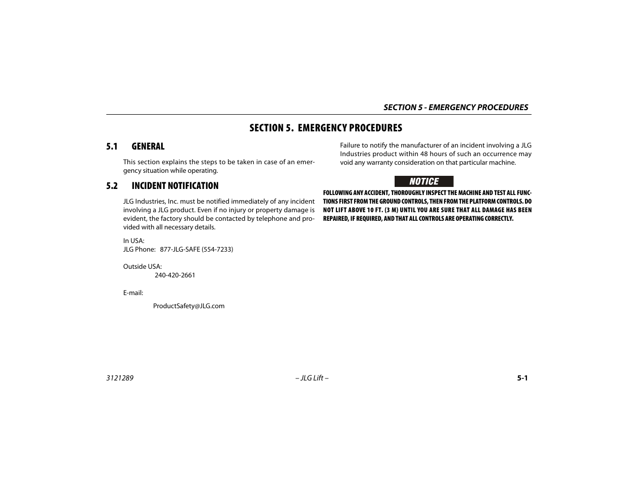 Section 5. emergency procedures, 1 general, 2 incident notification | Section - 5 - emergency procedures, General -1, Incident notification -1 | JLG 450A_AJ Series II Operator Manual User Manual | Page 79 / 126