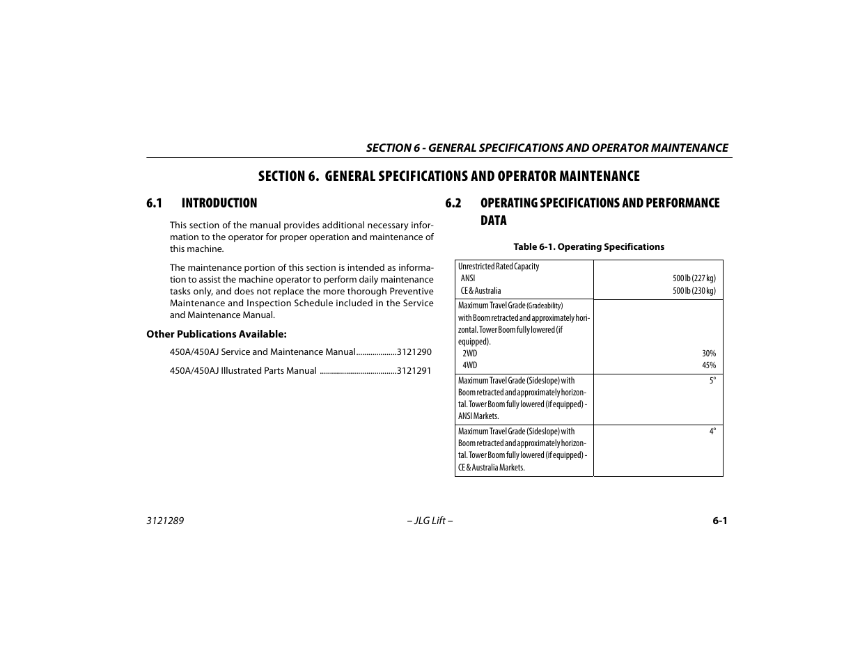 1 introduction, 2 operating specifications and performance data, Introduction -1 | Operating specifications and performance data, Operating specifications -1 | JLG 450A_AJ Series II Operator Manual User Manual | Page 81 / 126