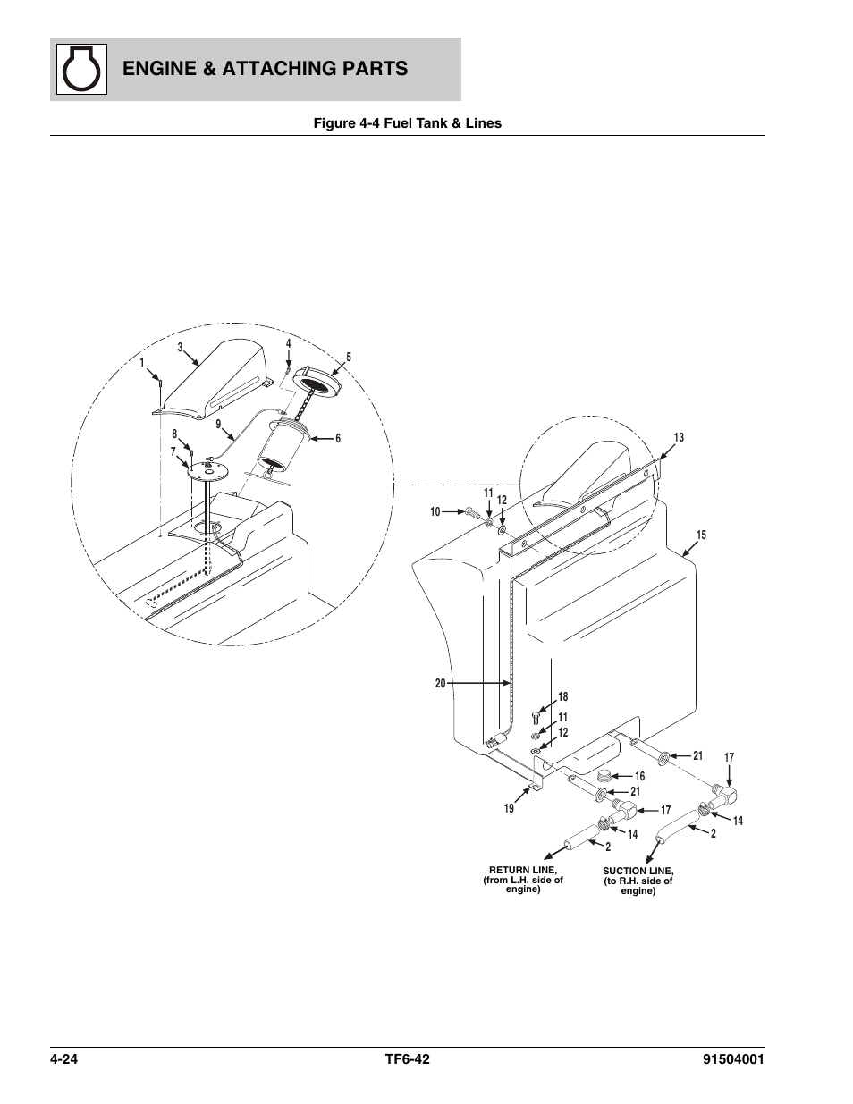 Figure 4-4 fuel tank & lines, Fuel tank & lines -24, Engine & attaching parts | JLG TF6-42 Parts Manual User Manual | Page 104 / 516