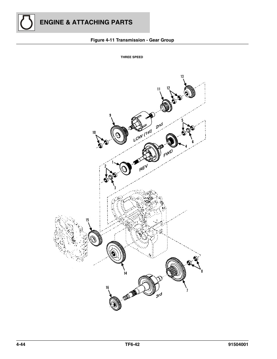 Figure 4-11 transmission - gear group, Transmission - gear group -44, Engine & attaching parts | JLG TF6-42 Parts Manual User Manual | Page 124 / 516
