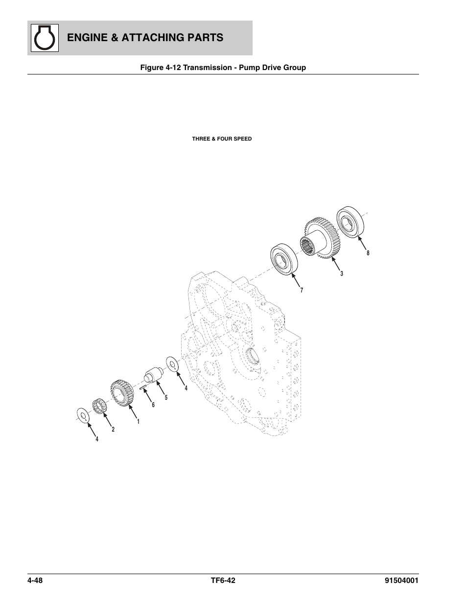 Figure 4-12 transmission - pump drive group, Transmission - pump drive group -48, Engine & attaching parts | JLG TF6-42 Parts Manual User Manual | Page 128 / 516