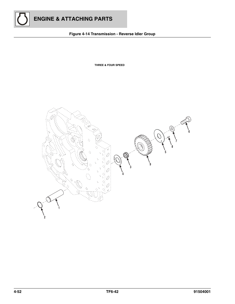 Figure 4-14 transmission - reverse idler group, Transmission - reverse idler group -52, Engine & attaching parts | JLG TF6-42 Parts Manual User Manual | Page 132 / 516