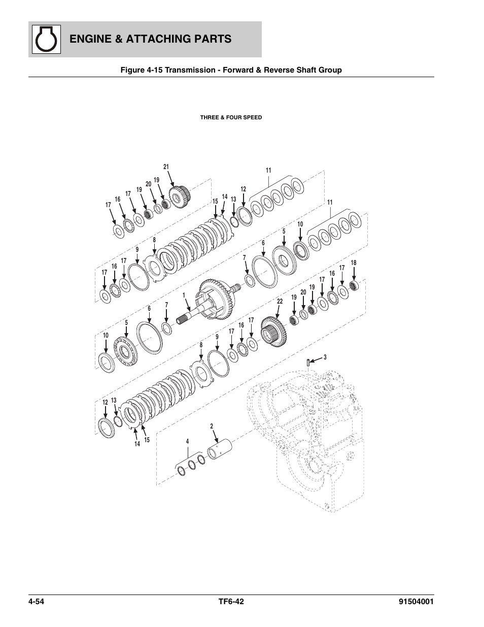 Transmission - forward & reverse shaft group -54, Engine & attaching parts | JLG TF6-42 Parts Manual User Manual | Page 134 / 516