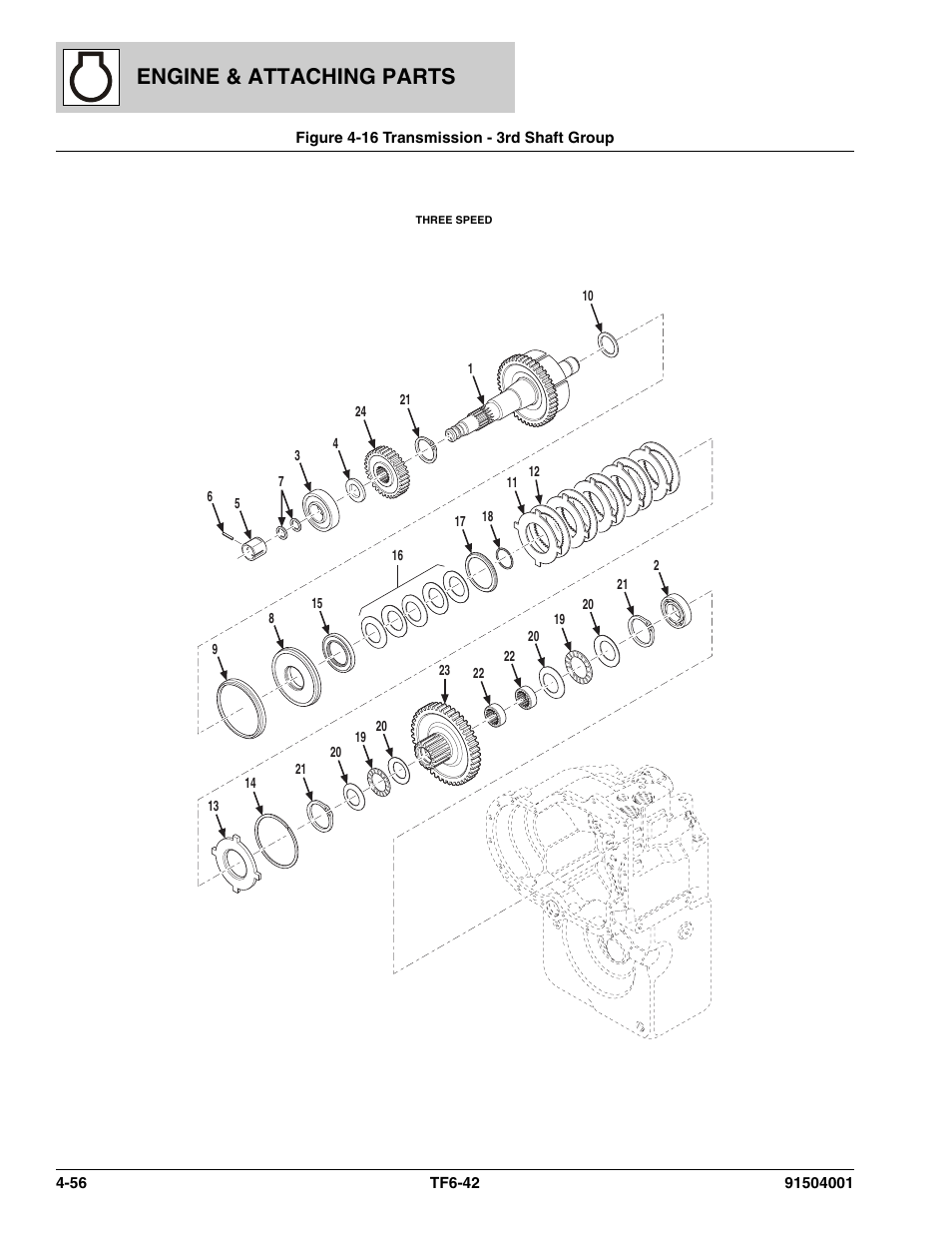 Figure 4-16 transmission - 3rd shaft group, Transmission - 3rd shaft group -56, Engine & attaching parts | JLG TF6-42 Parts Manual User Manual | Page 136 / 516