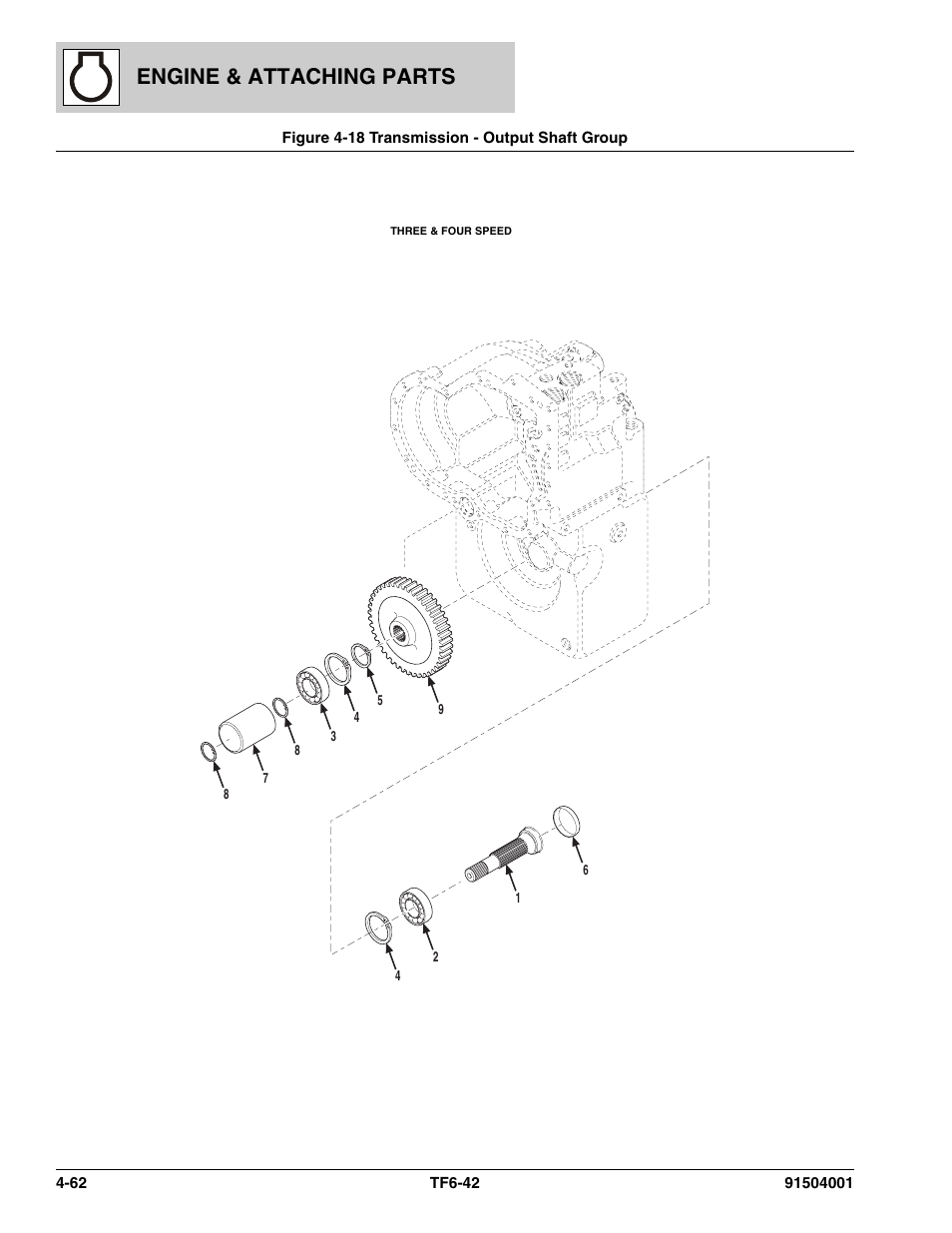 Figure 4-18 transmission - output shaft group, Transmission - output shaft group -62, Engine & attaching parts | JLG TF6-42 Parts Manual User Manual | Page 142 / 516