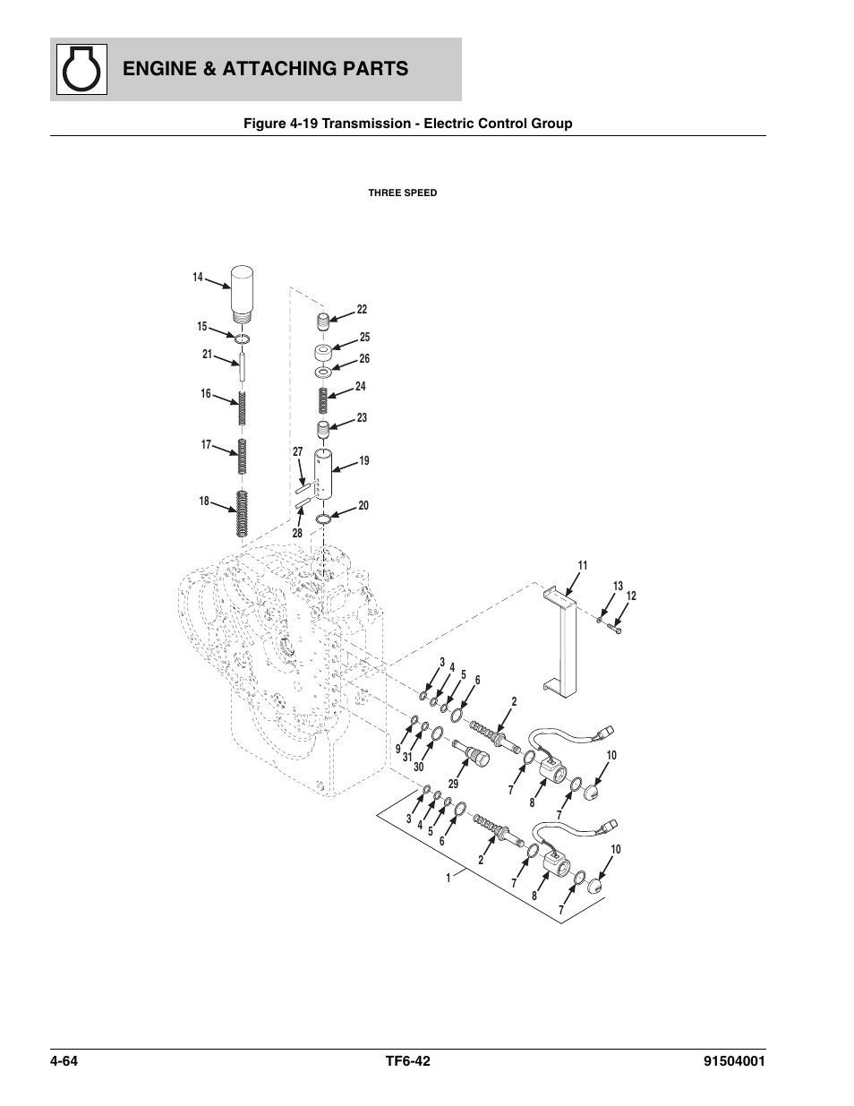 Figure 4-19 transmission - electric control group, Transmission - electric control group -64, Engine & attaching parts | JLG TF6-42 Parts Manual User Manual | Page 144 / 516