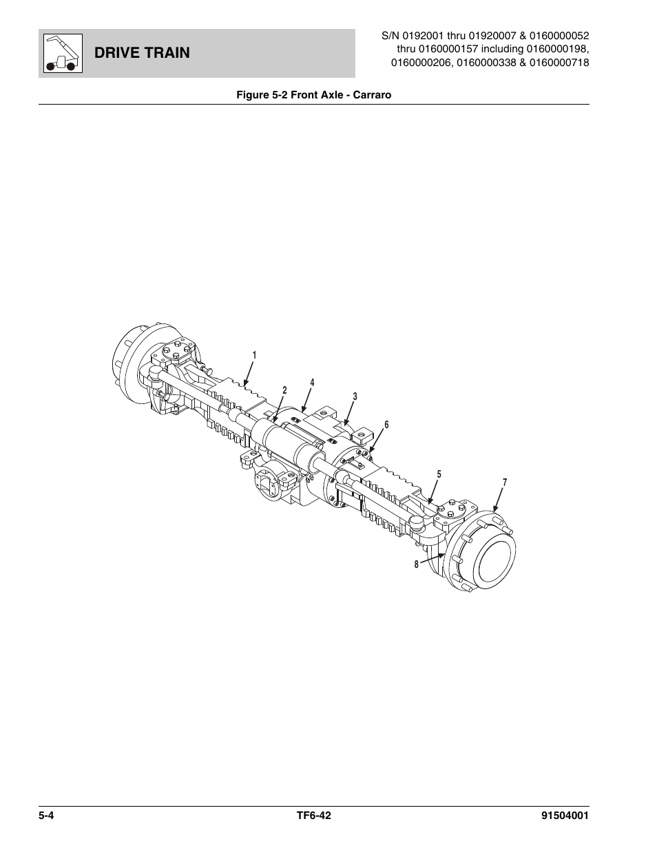 Figure 5-2 front axle - carraro, Front axle - carraro -4, Drive train | JLG TF6-42 Parts Manual User Manual | Page 156 / 516