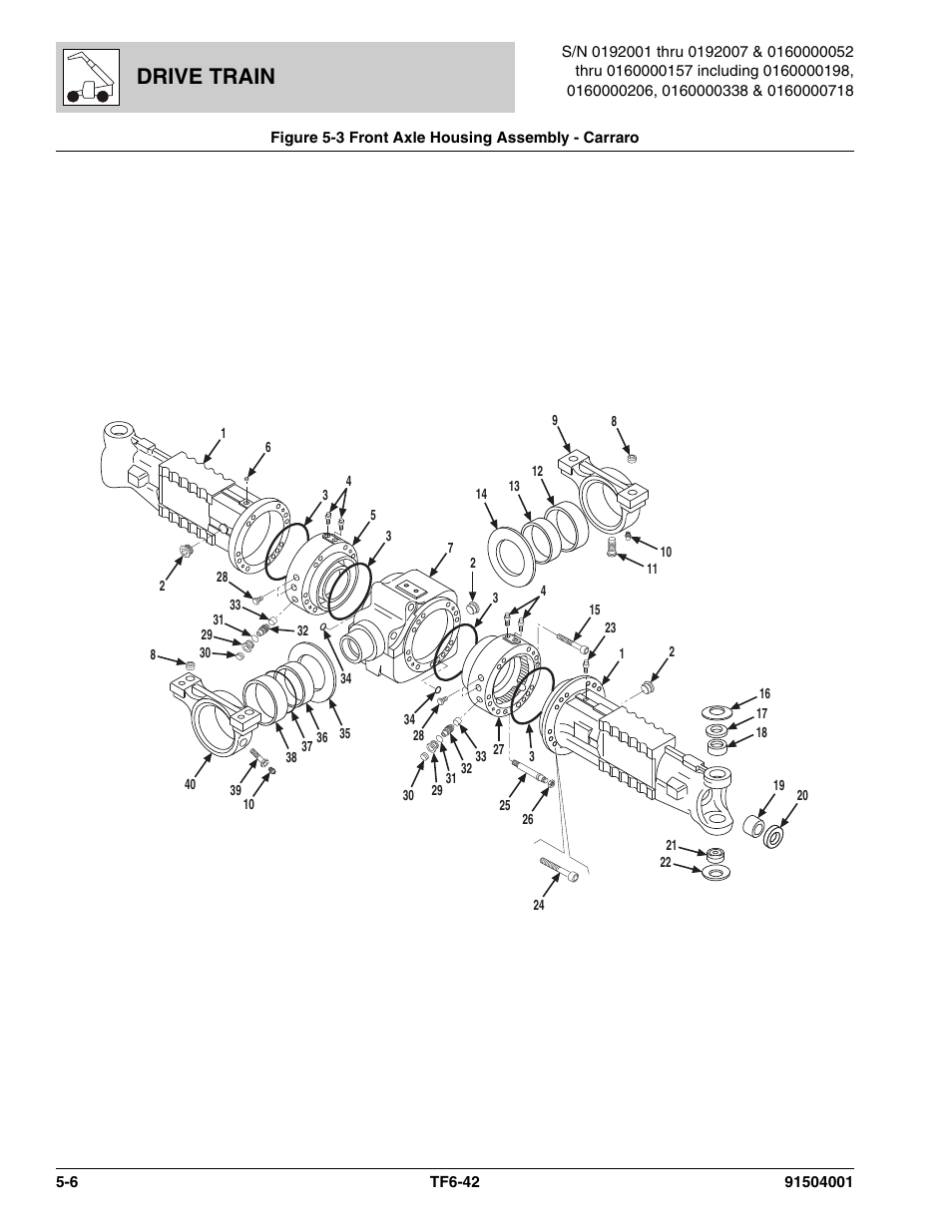 Figure 5-3 front axle housing assembly - carraro, Front axle housing assembly - carraro -6, Housing assy, (see figure 5-3 for details) | Drive train | JLG TF6-42 Parts Manual User Manual | Page 158 / 516
