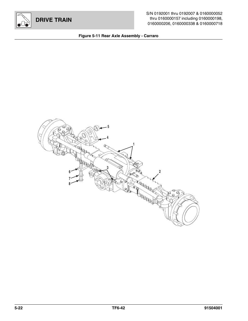 Figure 5-11 rear axle assembly - carraro, Rear axle assembly - carraro -22, Drive train | JLG TF6-42 Parts Manual User Manual | Page 174 / 516