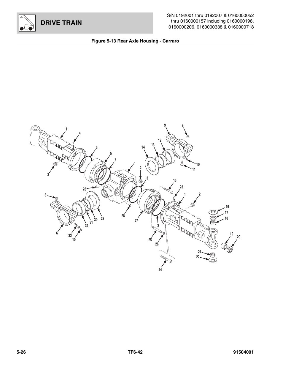 Figure 5-13 rear axle housing - carraro, Rear axle housing - carraro -26, Housing assy, (see figure 5-13 for details) | Drive train | JLG TF6-42 Parts Manual User Manual | Page 178 / 516