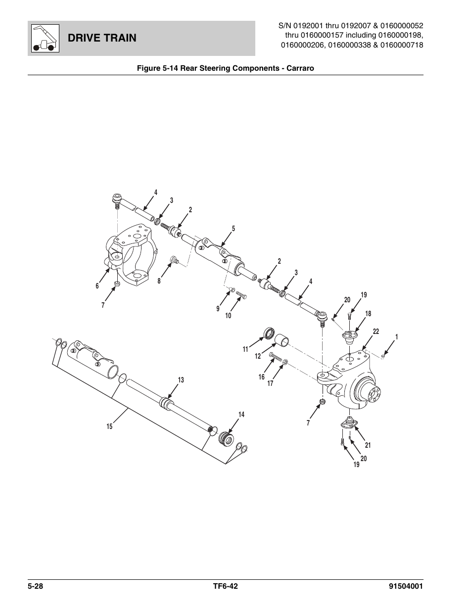 Figure 5-14 rear steering components - carraro, Rear steering components - carraro -28, Steering components, (see figure 5-14 for details) | Figure 5-14, On figure 5-14, Drive train | JLG TF6-42 Parts Manual User Manual | Page 180 / 516