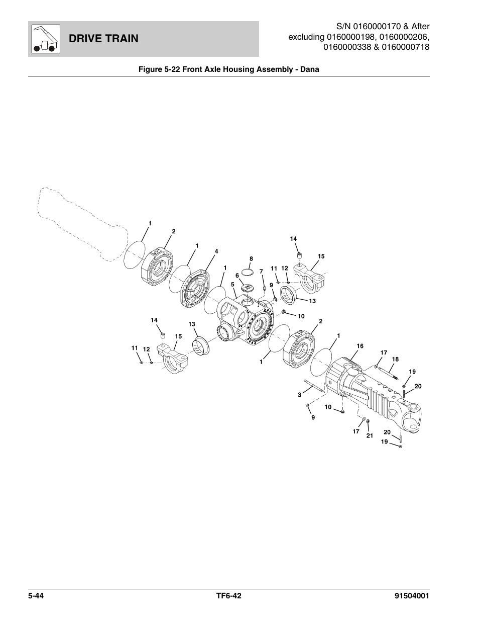Figure 5-22 front axle housing assembly - dana, Front axle housing assembly - dana -44, Housing assy, (see figure 5-22 for details) | Drive train | JLG TF6-42 Parts Manual User Manual | Page 196 / 516