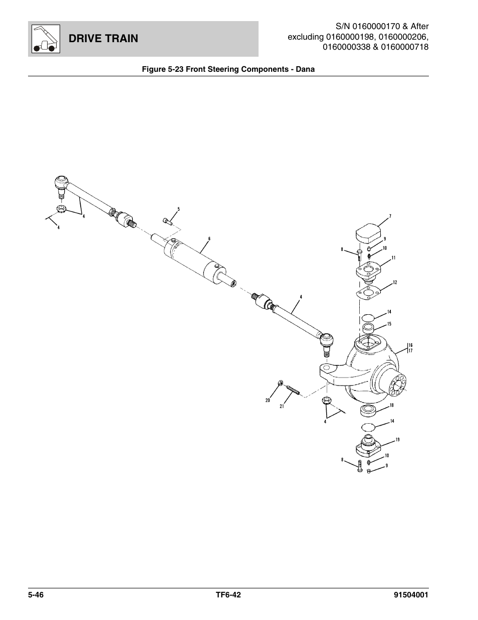 Figure 5-23 front steering components - dana, Front steering components - dana -46, Steering components, (see figure 5-23 for details) | Drive train | JLG TF6-42 Parts Manual User Manual | Page 198 / 516