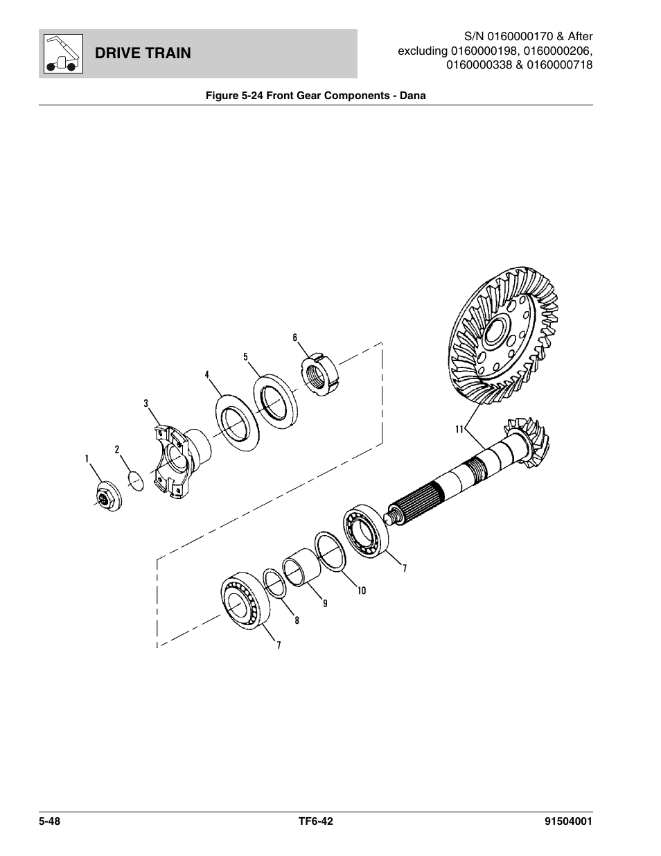 Figure 5-24 front gear components - dana, Front gear components - dana -48, T, (see figure 5-24 for details) | Drive train | JLG TF6-42 Parts Manual User Manual | Page 200 / 516