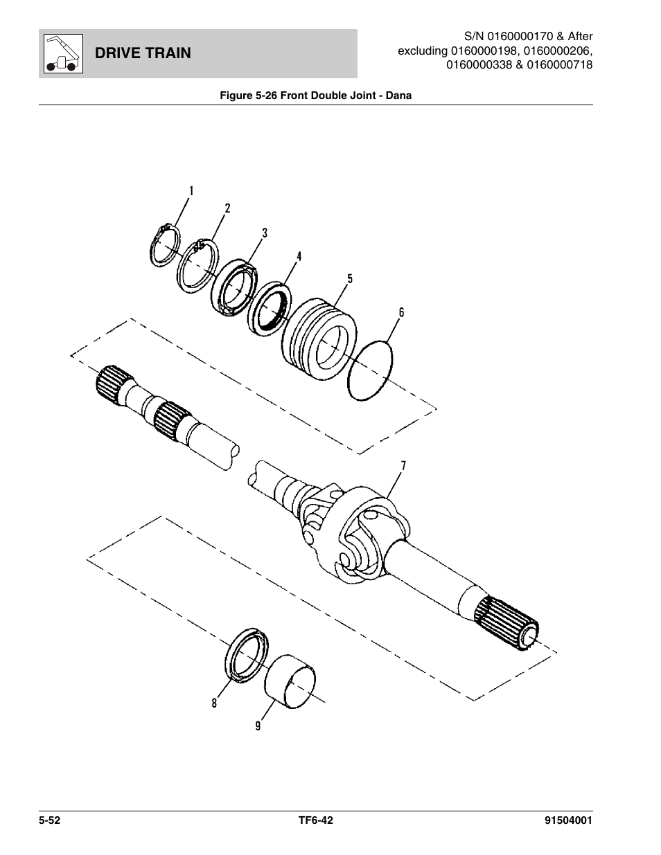 Figure 5-26 front double joint - dana, Front double joint - dana -52, Double joint, (see figure 5-26 for details) | Drive train | JLG TF6-42 Parts Manual User Manual | Page 204 / 516