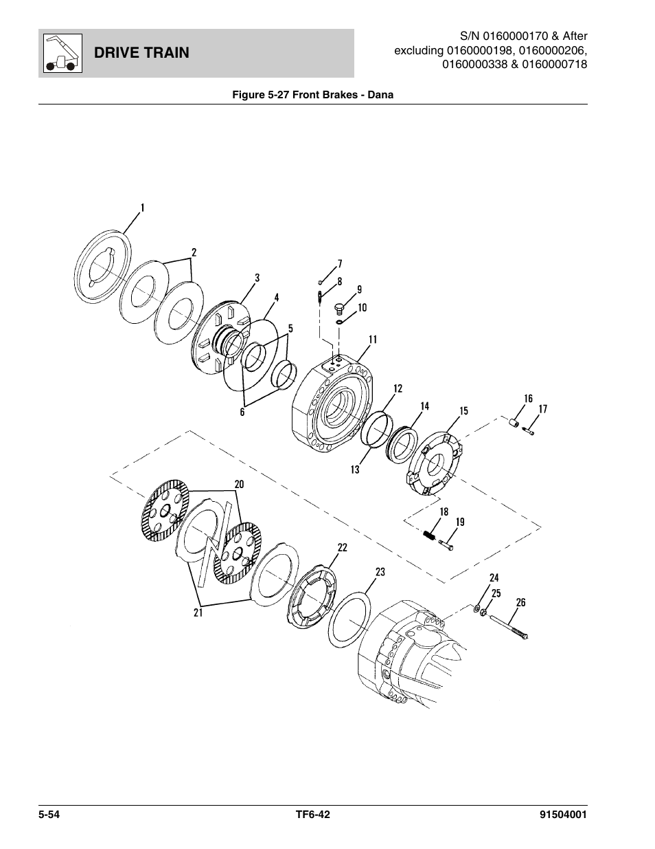 Figure 5-27 front brakes - dana, Front brakes - dana -54, Brakes, (see figure 5-27 for details) | Drive train | JLG TF6-42 Parts Manual User Manual | Page 206 / 516