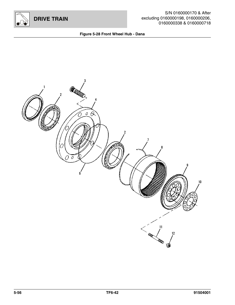Figure 5-28 front wheel hub - dana, Front wheel hub - dana -56, B, (see figure 5-28 for details) | Drive train | JLG TF6-42 Parts Manual User Manual | Page 208 / 516