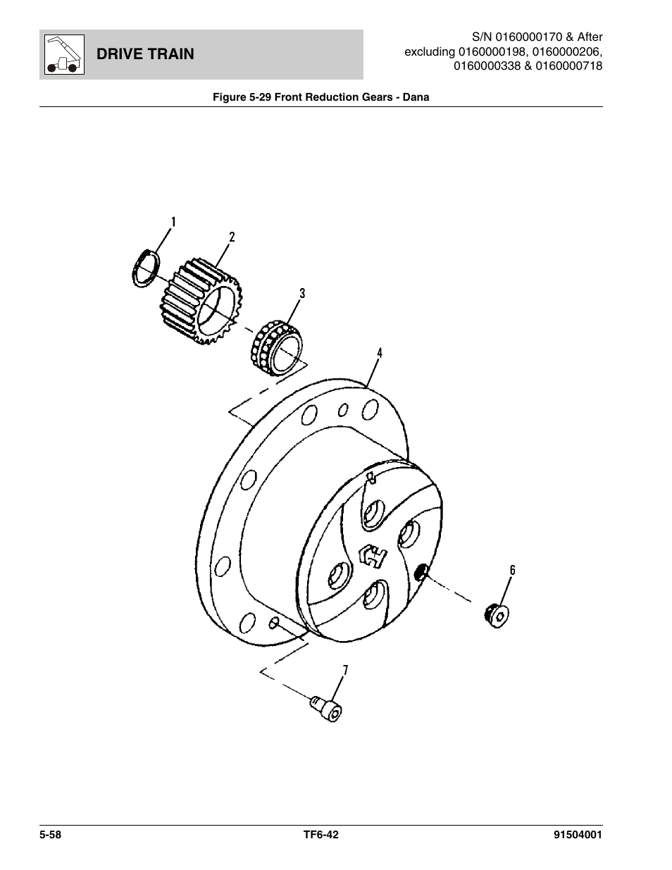 Figure 5-29 front reduction gears - dana, Front reduction gears - dana -58, Reduction gears, (see figure 5-29 for details) | Drive train | JLG TF6-42 Parts Manual User Manual | Page 210 / 516