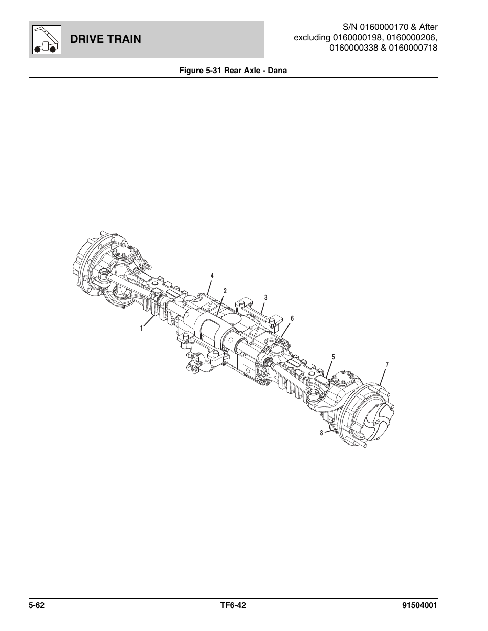 Figure 5-31 rear axle - dana, Rear axle - dana -62, Drive train | JLG TF6-42 Parts Manual User Manual | Page 214 / 516