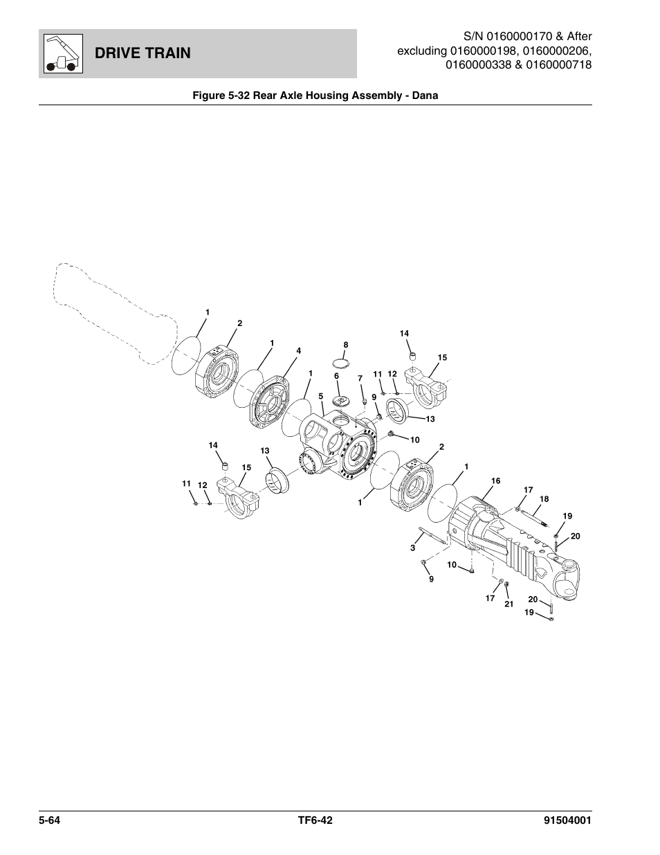 Figure 5-32 rear axle housing assembly - dana, Rear axle housing assembly - dana -64, Housing assy, (see figure 5-32 for details) | Drive train | JLG TF6-42 Parts Manual User Manual | Page 216 / 516