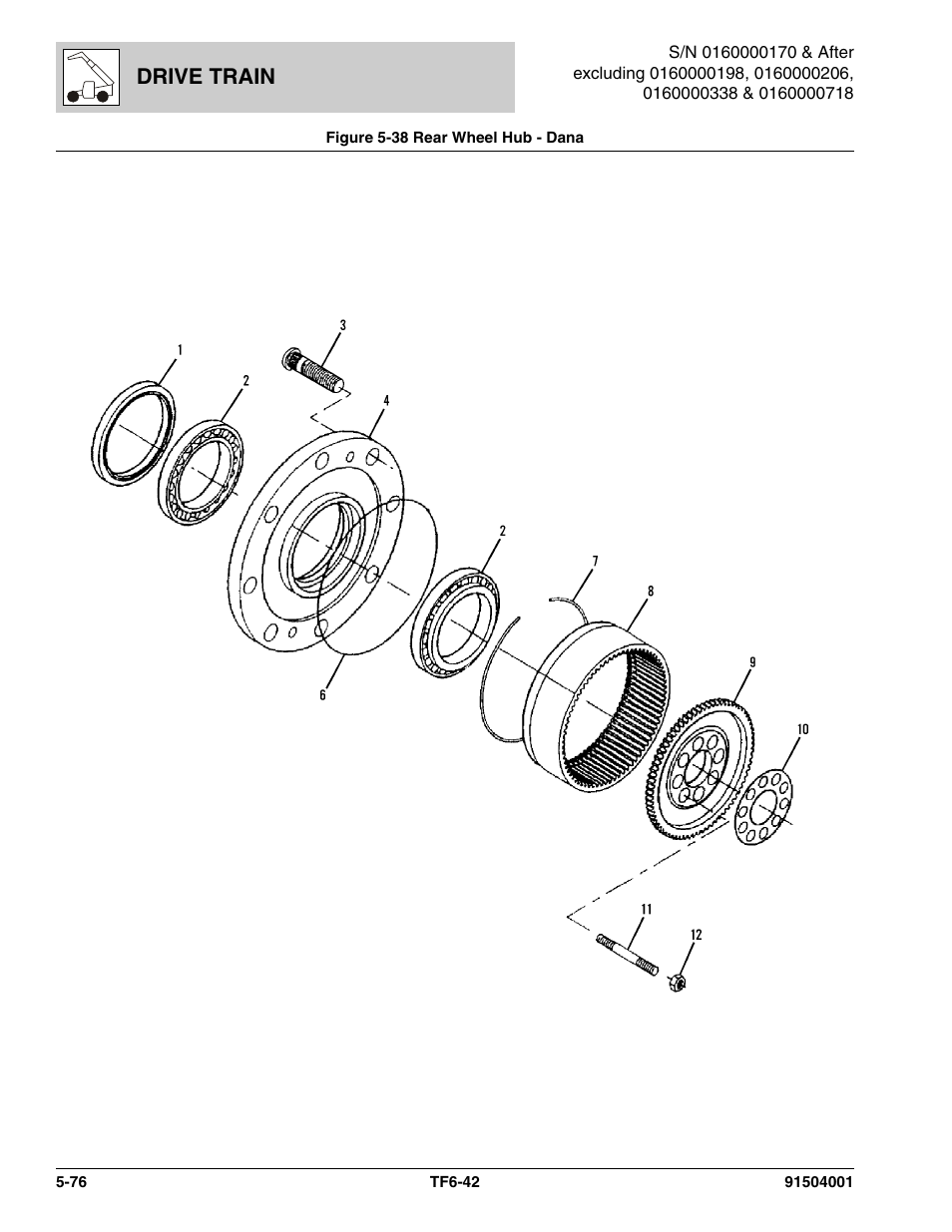 Figure 5-38 rear wheel hub - dana, Rear wheel hub - dana -76, B, (see figure 5-38 for details) | Drive train | JLG TF6-42 Parts Manual User Manual | Page 228 / 516