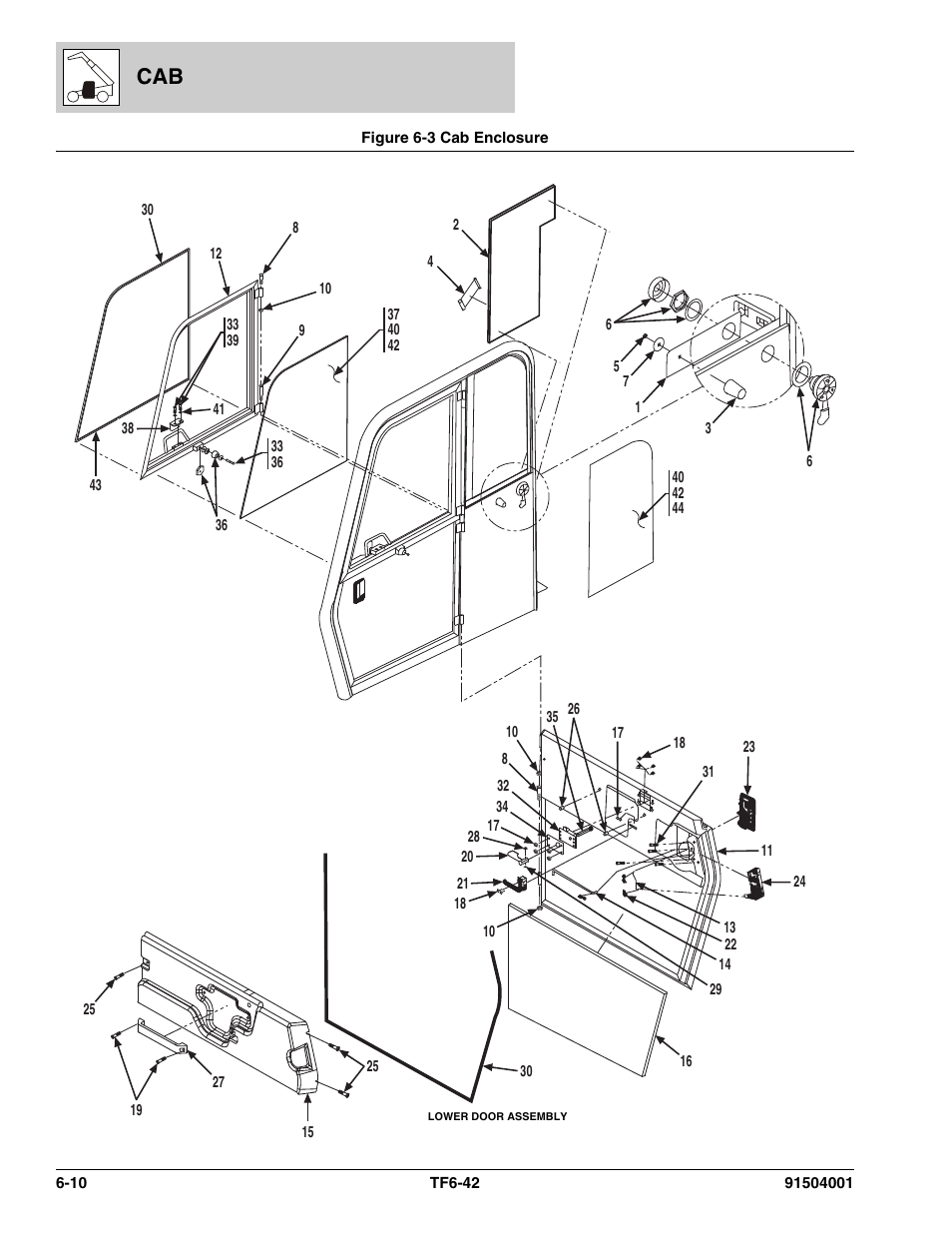 Figure 6-3 cab enclosure, Cab enclosure -10, Ssy, (see figure 6-3 for details) | Door hold open assy, (see figure 6-3 for details) | JLG TF6-42 Parts Manual User Manual | Page 248 / 516