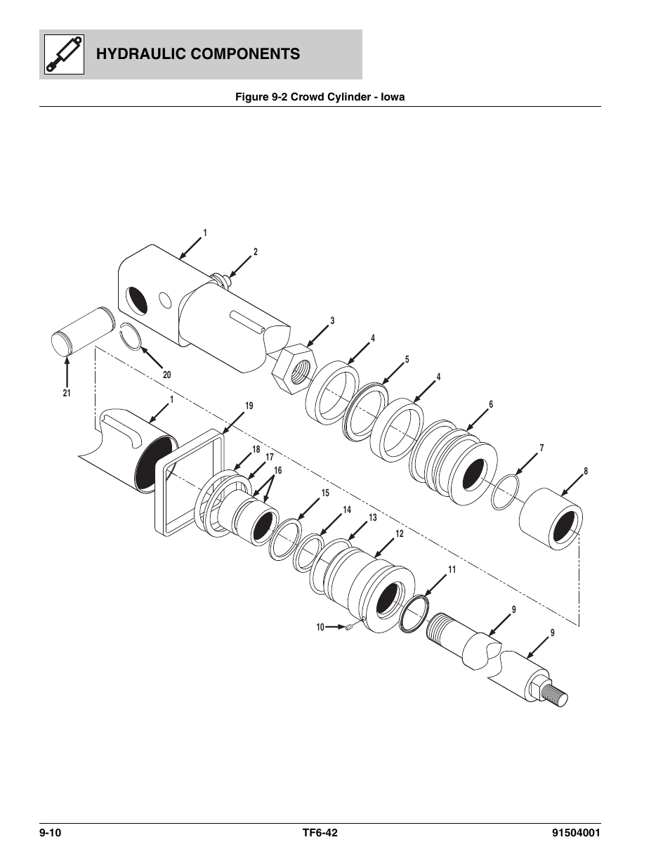 Figure 9-2 crowd cylinder - iowa, Crowd cylinder - iowa -10, Er pin, (see figure 9-2 for details) | Er, (see figure 9-2 for details), Hydraulic components | JLG TF6-42 Parts Manual User Manual | Page 326 / 516