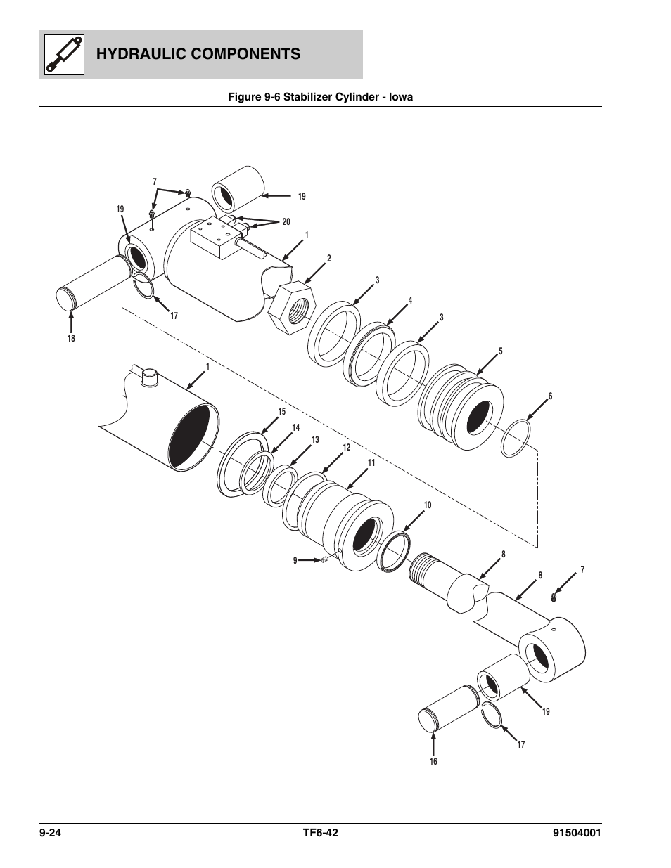 Figure 9-6 stabilizer cylinder - iowa, Stabilizer cylinder - iowa -24, Abilizer cylinder, (see figure 9-6 for details) | Hydraulic components | JLG TF6-42 Parts Manual User Manual | Page 340 / 516