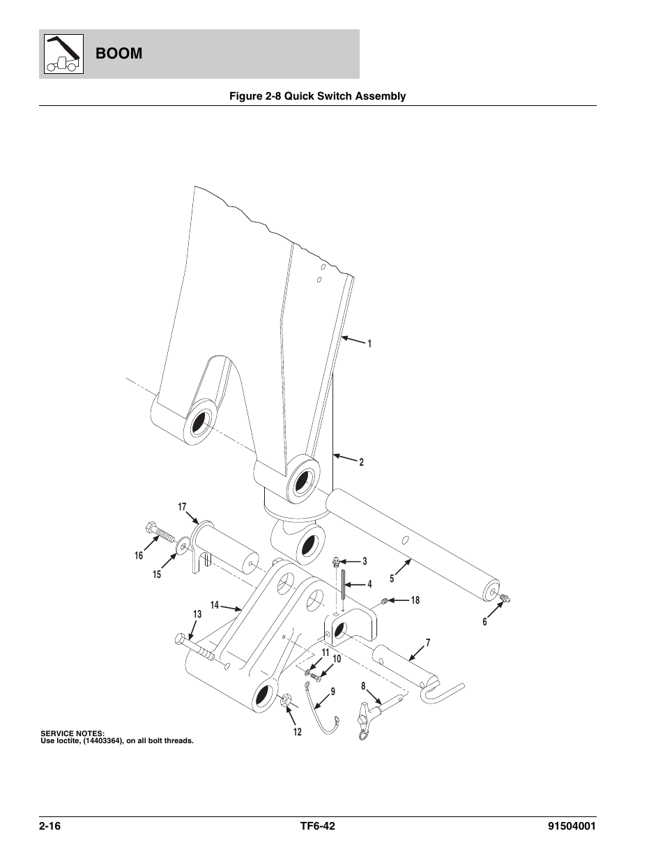 Figure 2-8 quick switch assembly, Quick switch assembly -16, Boom | JLG TF6-42 Parts Manual User Manual | Page 44 / 516