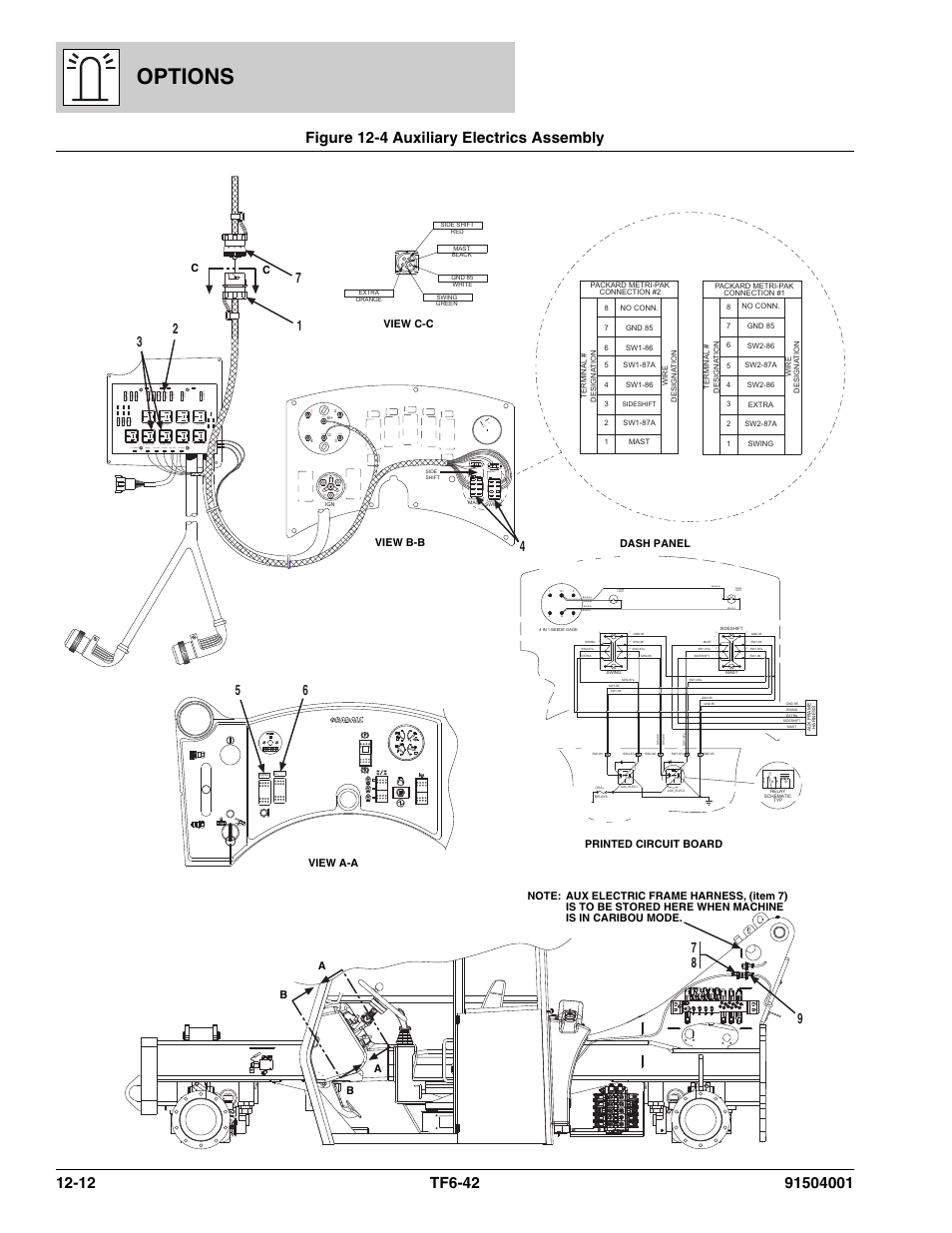 Figure 12-4 auxiliary electrics assembly, Auxiliary electrics assembly -12, Options | Male female female, Gr d, Ign acc bat b at ign st, Lt oil fuel 12+ gnd temp, W/w_sw sl_swa wl_swa spare_ba t 30a, 15a 10a, 10a 15a | JLG TF6-42 Parts Manual User Manual | Page 442 / 516