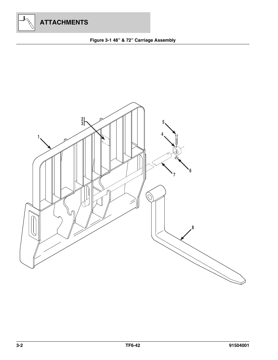 Figure 3-1 48” & 72” carriage assembly, 48” & 72” carriage assembly -2, Attachments | JLG TF6-42 Parts Manual User Manual | Page 48 / 516