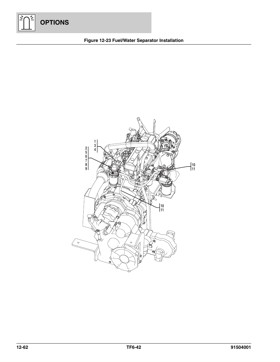 Figure 12-23 fuel/water separator installation, Fuel/water separator installation -62, Options | JLG TF6-42 Parts Manual User Manual | Page 492 / 516