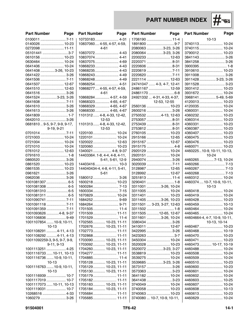 Part number index, Section 14 – part number index -1 | JLG TF6-42 Parts Manual User Manual | Page 503 / 516