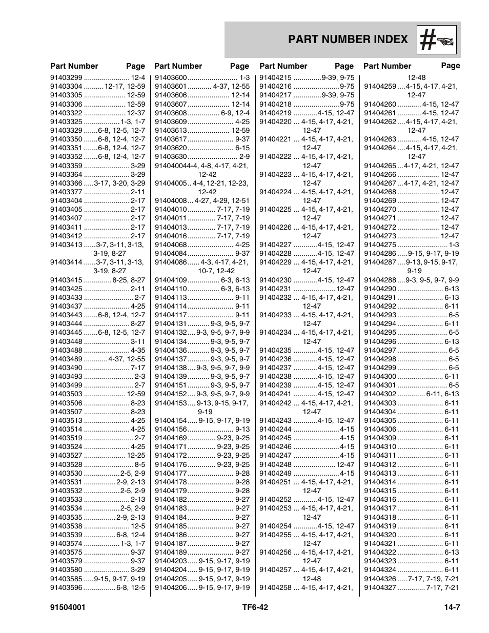 Part number index | JLG TF6-42 Parts Manual User Manual | Page 509 / 516