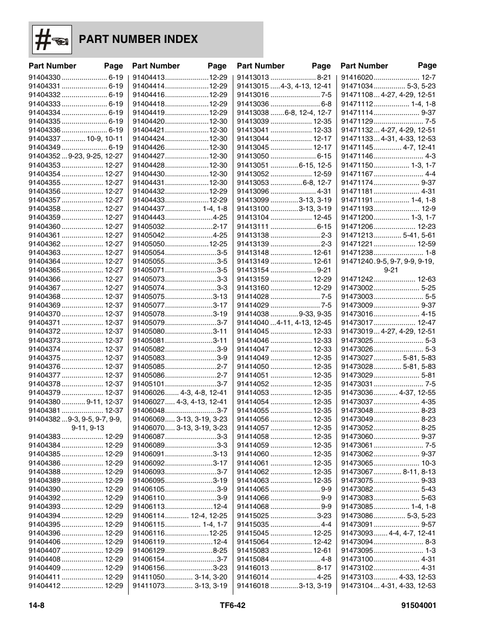 Part number index | JLG TF6-42 Parts Manual User Manual | Page 510 / 516
