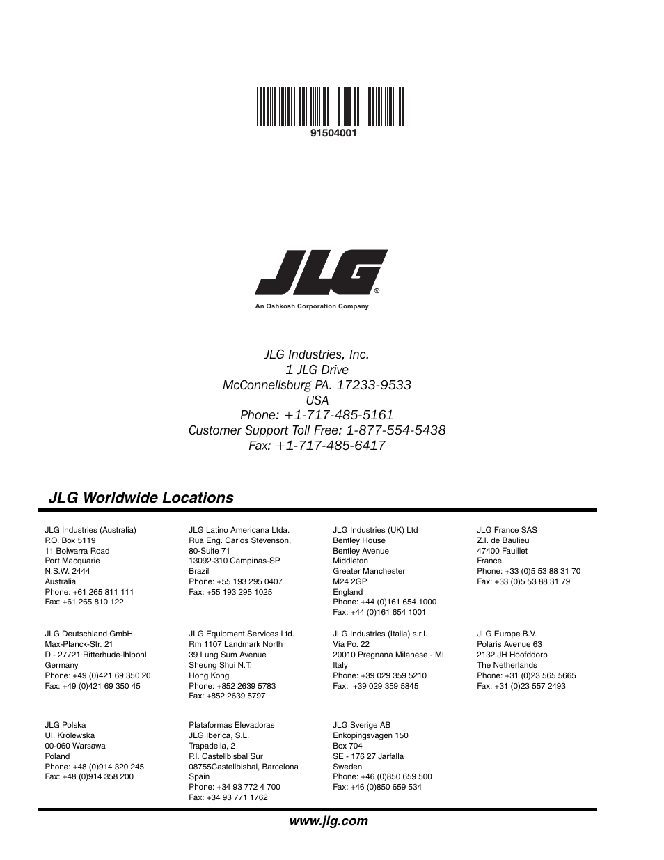 Jlg worldwide locations | JLG TF6-42 Parts Manual User Manual | Page 516 / 516