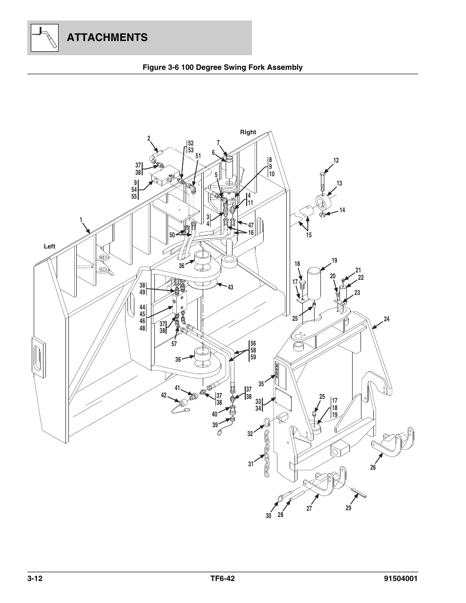 Figure 3-6 100 degree swing fork assembly, 100 degree swing fork assembly -12, Attachments | JLG TF6-42 Parts Manual User Manual | Page 58 / 516