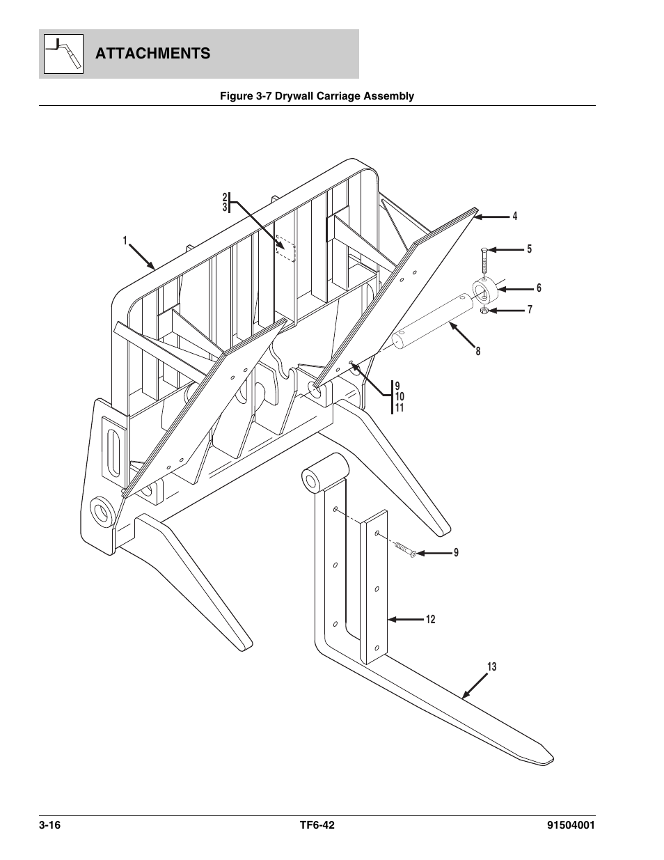 Figure 3-7 drywall carriage assembly, Drywall carriage assembly -16, Attachments | JLG TF6-42 Parts Manual User Manual | Page 62 / 516