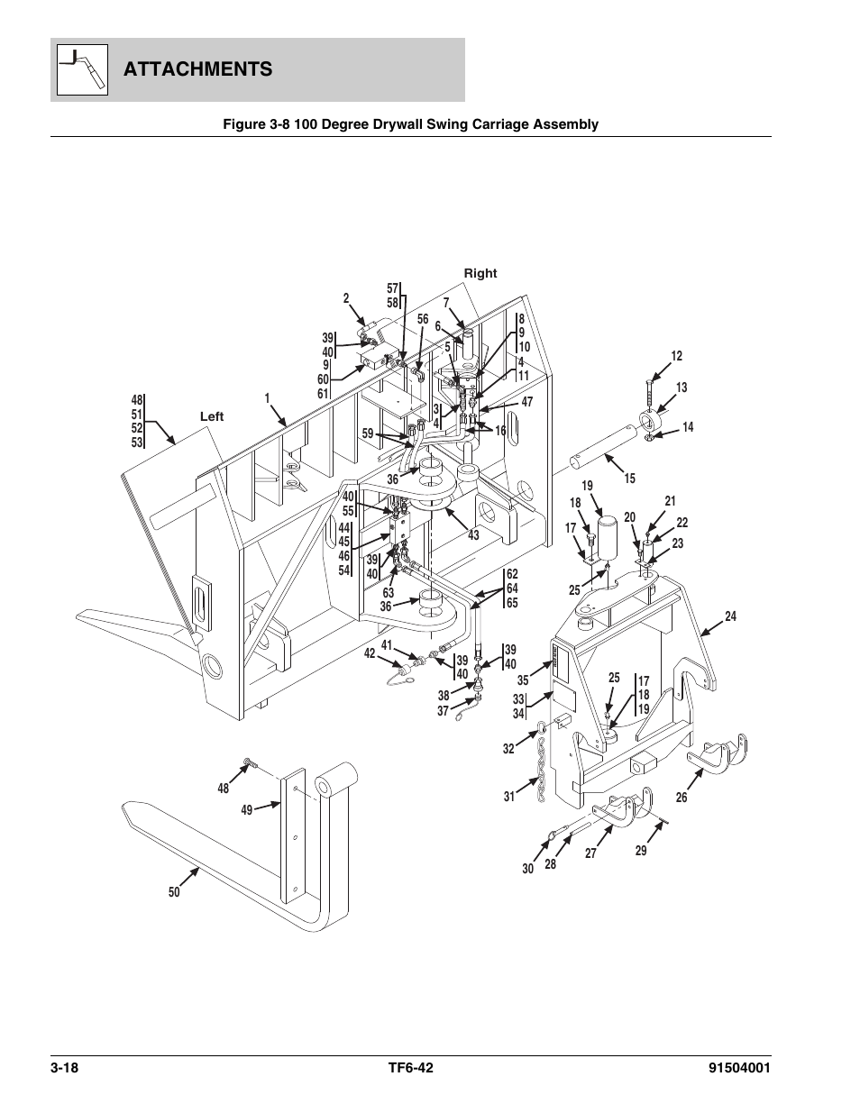 100 degree drywall swing carriage assembly -18, Attachments | JLG TF6-42 Parts Manual User Manual | Page 64 / 516