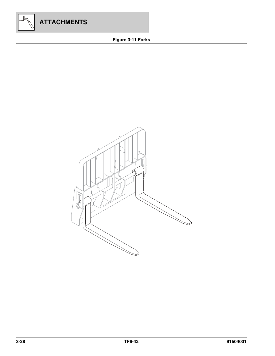 Figure 3-11 forks, Forks -28, Attachments | JLG TF6-42 Parts Manual User Manual | Page 74 / 516
