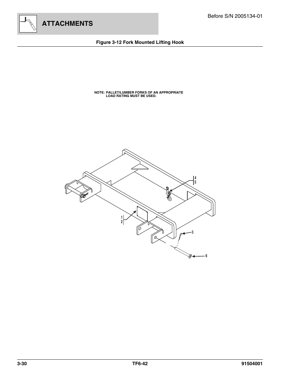 Figure 3-12 fork mounted lifting hook, Fork mounted lifting hook -30, Attachments | JLG TF6-42 Parts Manual User Manual | Page 76 / 516