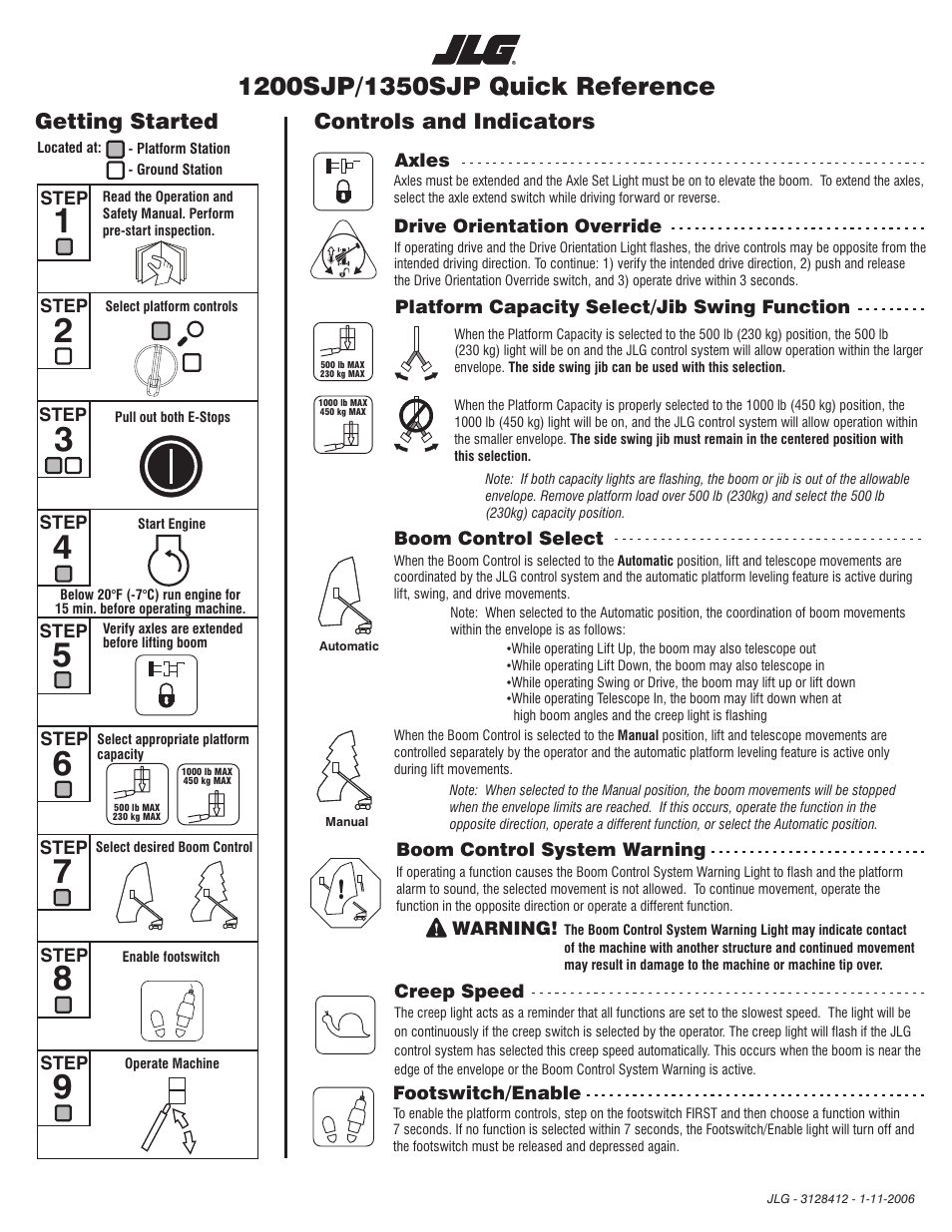 JLG 1200SJP Quick Reference Guide User Manual | 1 page