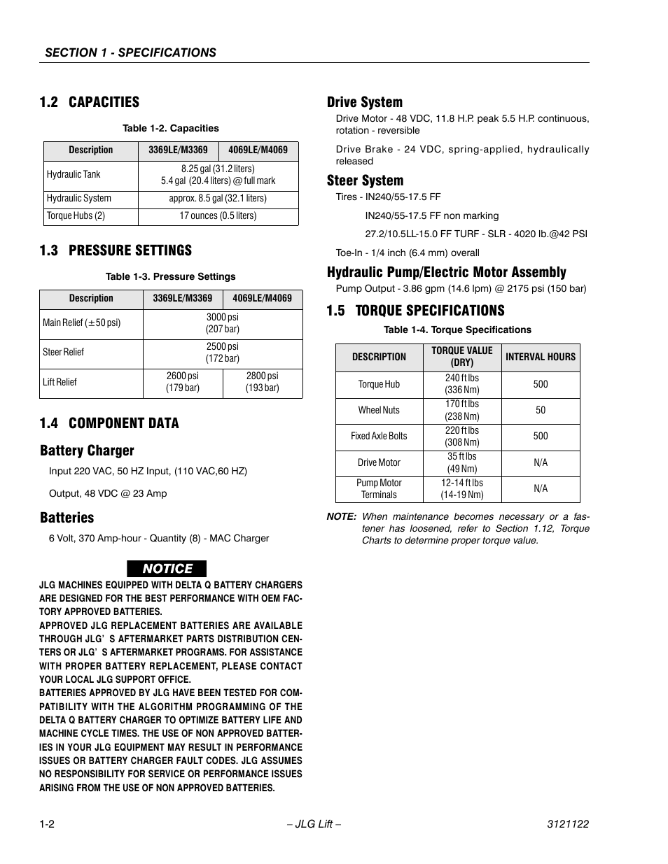 2 capacities, 3 pressure settings, 4 component data | Battery charger, Batteries, Drive system, Steer system, Hydraulic pump/electric motor assembly, 5 torque specifications, Capacities -2 | JLG M4069 ANSI Service Manual User Manual | Page 10 / 150